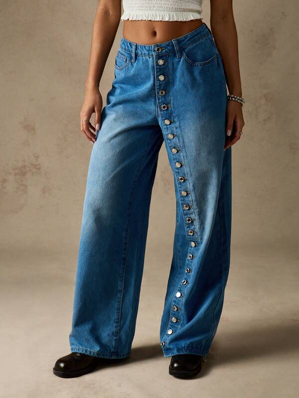 MISSGUIDED Wide Leg Denim Jeans With Side Button Detail