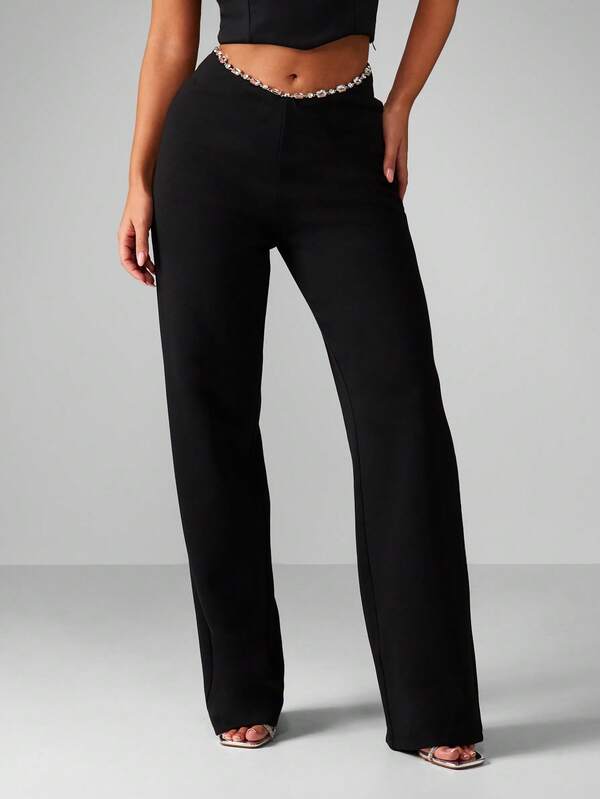 MISSGUIDED Wide Leg Dress Pants With Crystal Trim