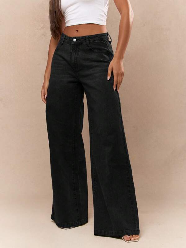 MISSGUIDED Wide Leg High Rise Black Denim Jeans