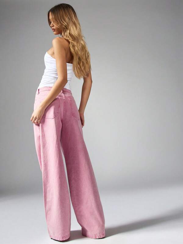 MISSGUIDED Wide Leg High Waisted Loose Fit Pastel Pink Denim Statement Jeans