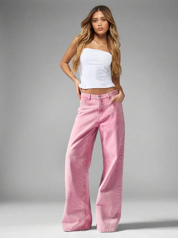 MISSGUIDED Wide Leg High Waisted Loose Fit Pastel Pink Denim Statement Jeans