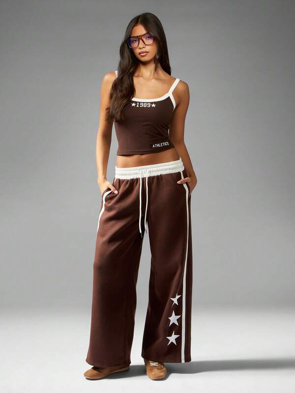 MISSGUIDED Wide Leg Joggers With Star Print And Contrast Stripes