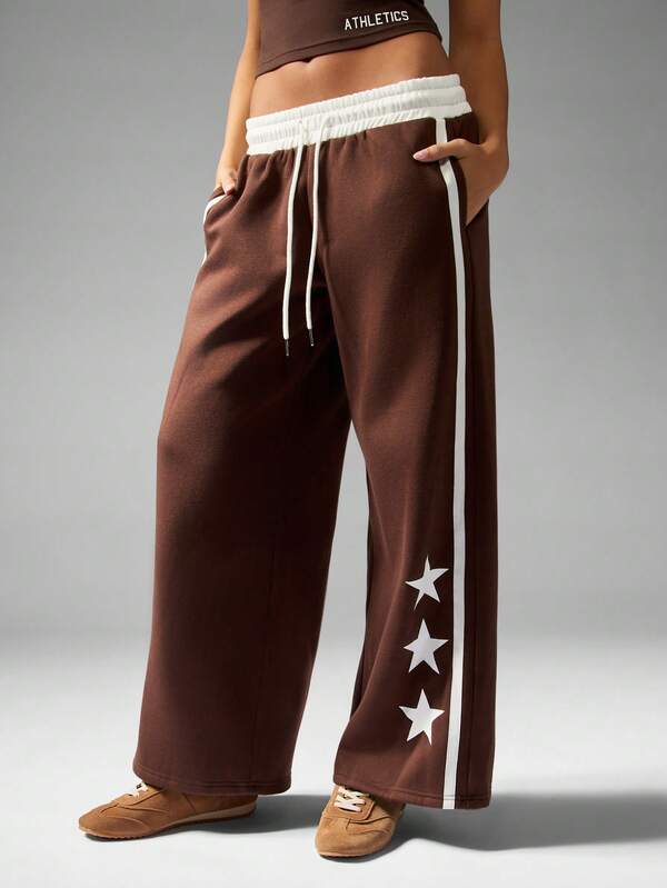 MISSGUIDED Wide Leg Joggers With Star Print And Contrast Stripes