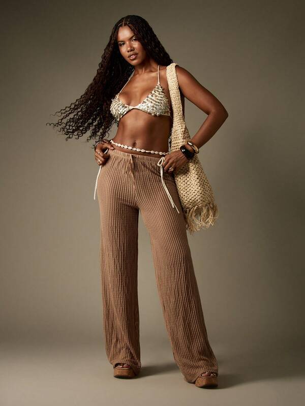 MISSGUIDED Wide Leg Knitted Ribbed Pants With Tie Waist