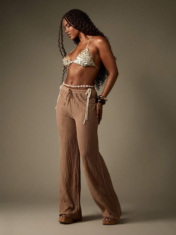 MISSGUIDED Wide Leg Knitted Ribbed Pants With Tie Waist