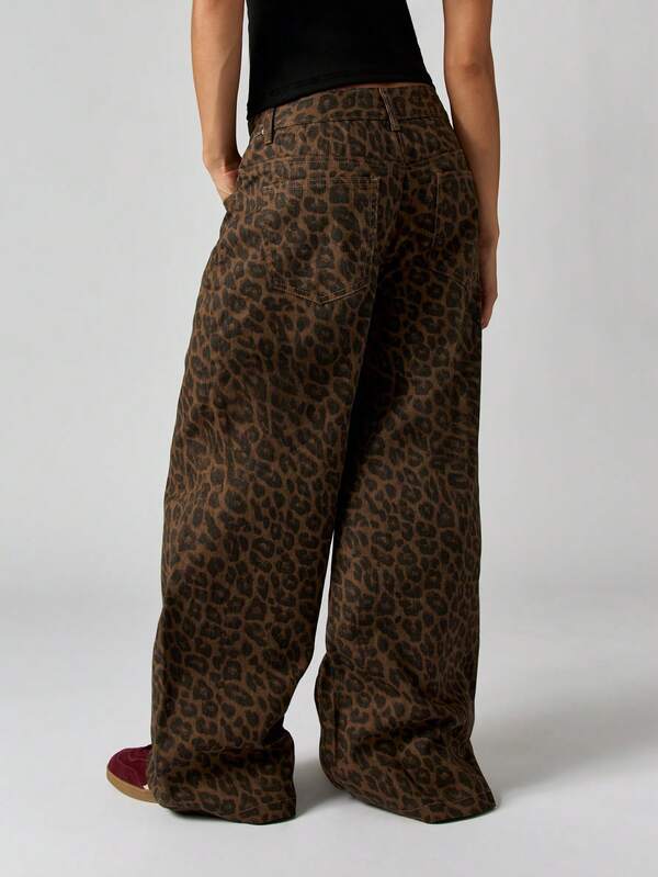MISSGUIDED Wide Leg Leopard Print Palazzo Jeans