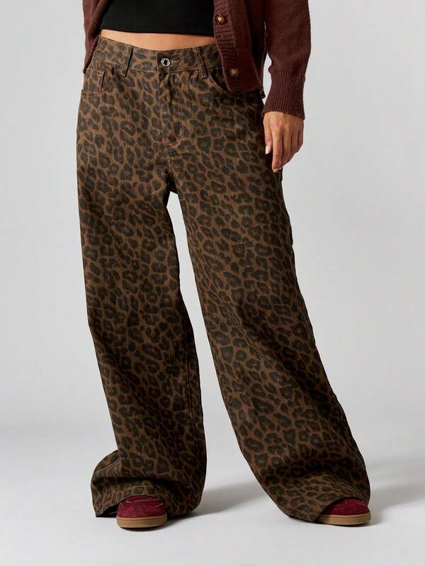 MISSGUIDED Wide Leg Leopard Print Palazzo Jeans
