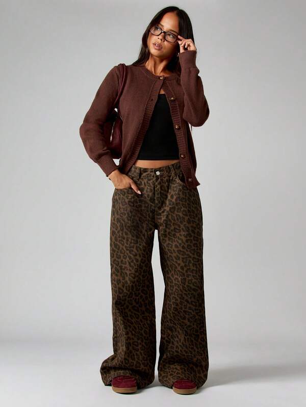 MISSGUIDED Wide Leg Leopard Print Palazzo Jeans