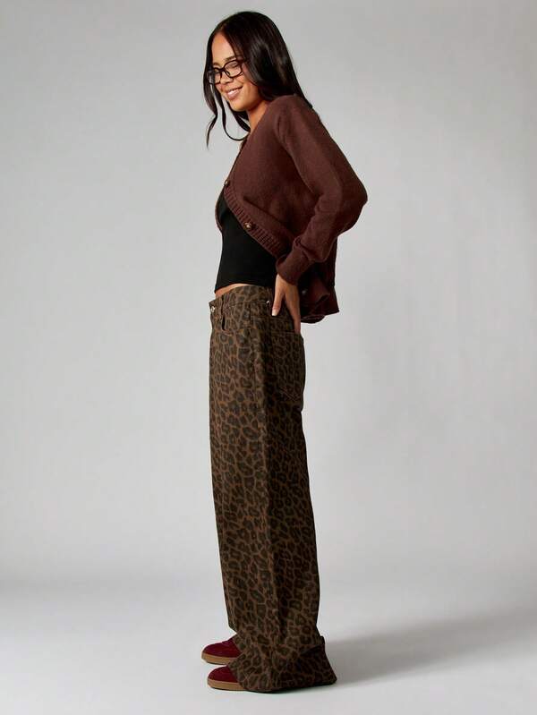 MISSGUIDED Wide Leg Leopard Print Palazzo Jeans