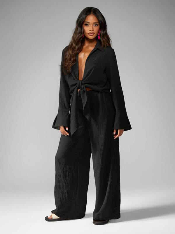 MISSGUIDED Wide Leg Palazzo Pants With Front Tie Crop Top Co Ord