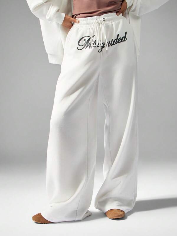 MISSGUIDED Wide Leg Pants With Drawstring And Script Logo