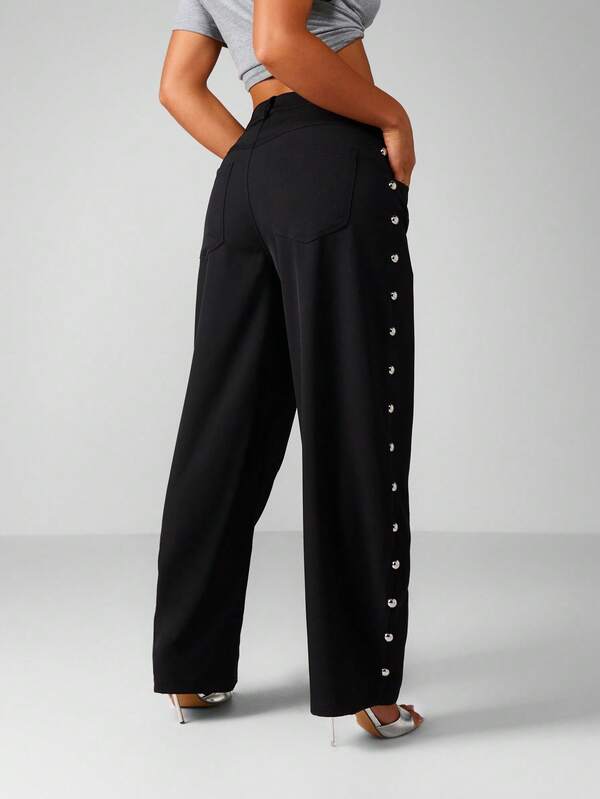 MISSGUIDED Wide Leg Pants With Side Button Detail