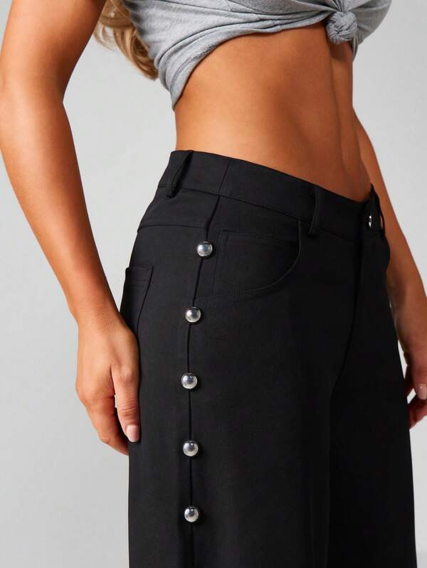 MISSGUIDED Wide Leg Pants With Side Button Detail