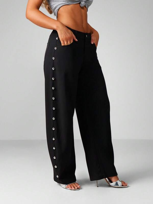 MISSGUIDED Wide Leg Pants With Side Button Detail