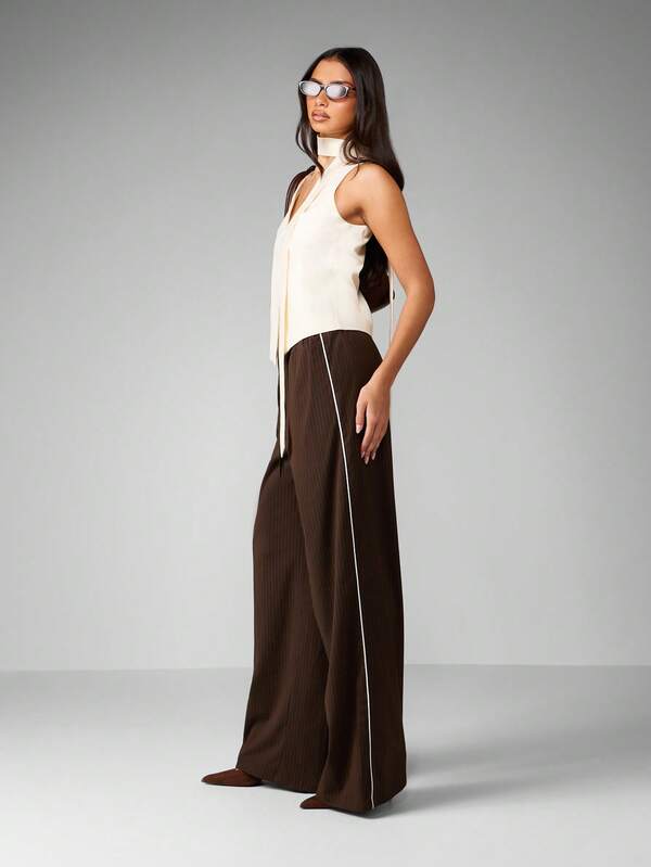 MISSGUIDED Wide Leg Pinstripe Pants With Contrast Piping