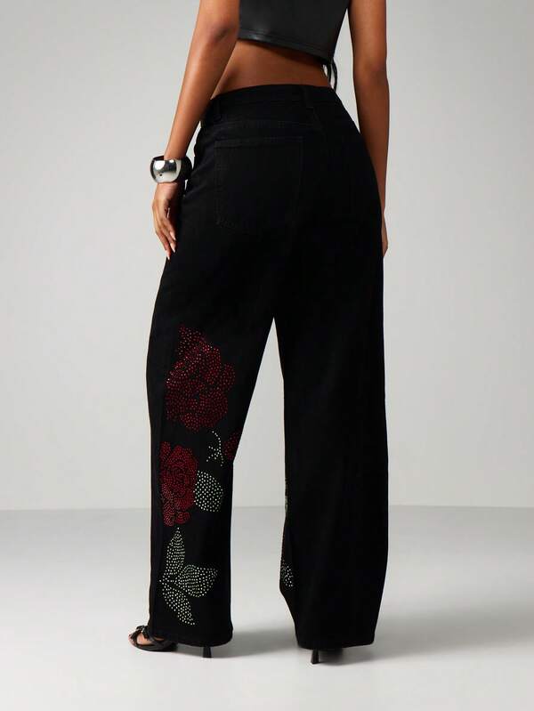 MISSGUIDED Wide Leg Rose Rhinestone Embellished Jeans
