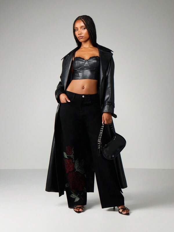 MISSGUIDED Wide Leg Rose Rhinestone Embellished Jeans
