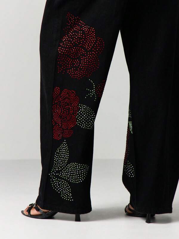 MISSGUIDED Wide Leg Rose Rhinestone Embellished Jeans