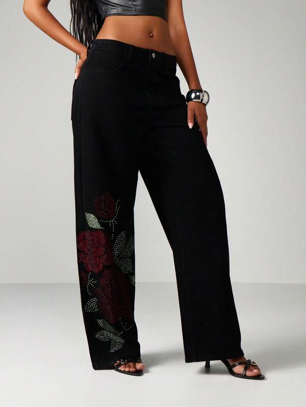 MISSGUIDED Wide Leg Rose Rhinestone Embellished Jeans