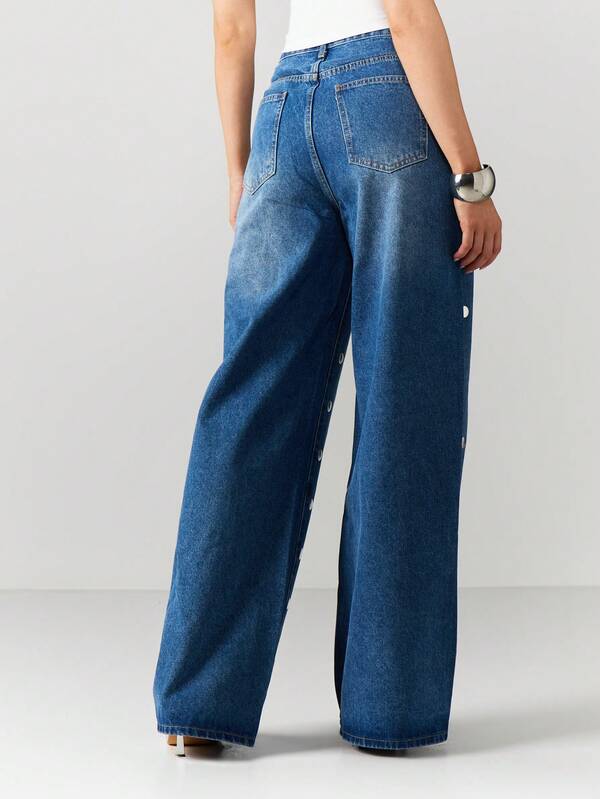 MISSGUIDED Wide Leg Studded Denim Jeans With Polka Dots
