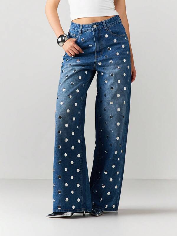 MISSGUIDED Wide Leg Studded Denim Jeans With Polka Dots