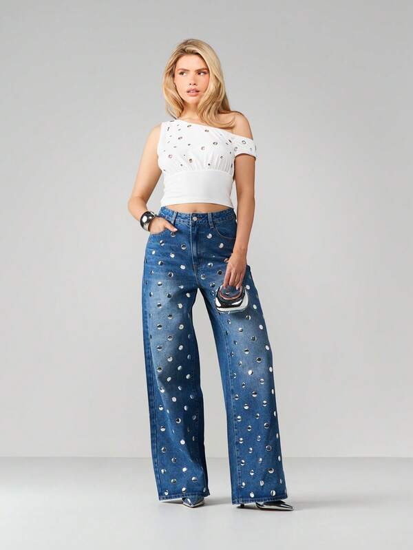 MISSGUIDED Wide Leg Studded Denim Jeans With Polka Dots
