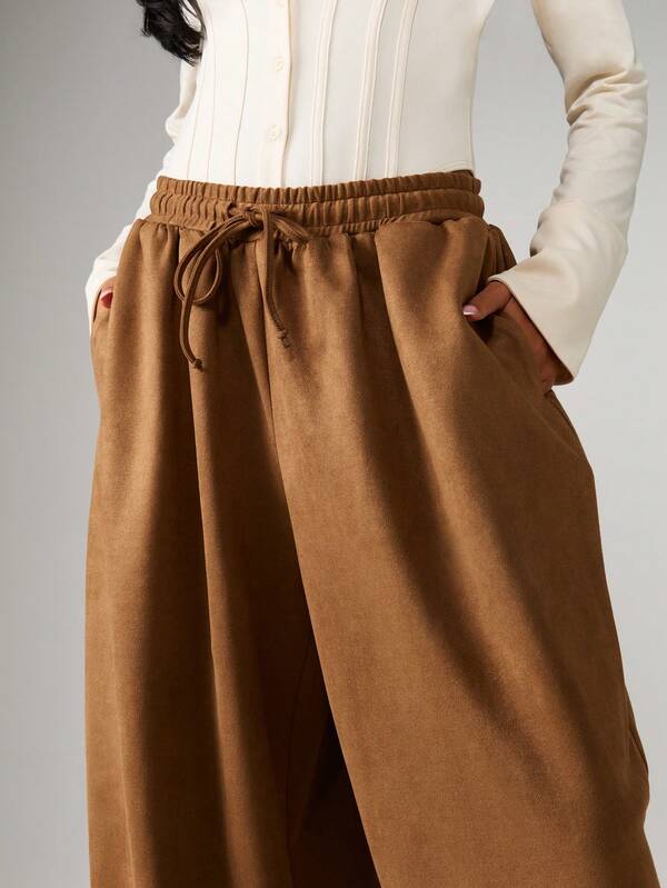 MISSGUIDED Wide Leg Suede Palazzo Pants With Drawstring Waist