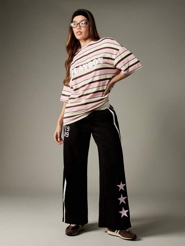 MISSGUIDED Wide Leg Track Pants With Star Patches And Side Stripes