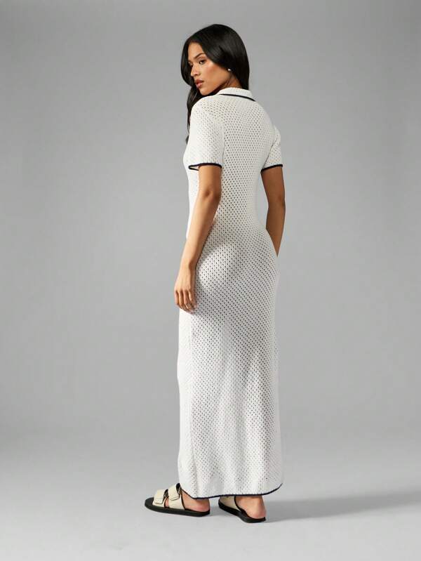 MISSGUIDED Women Button Through Knit Pointelle Long Dress