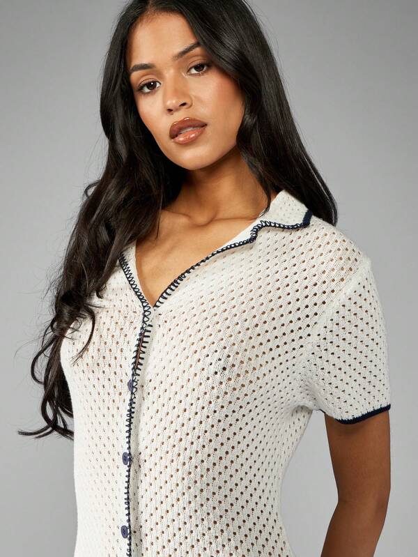 MISSGUIDED Women Button Through Knit Pointelle Long Dress