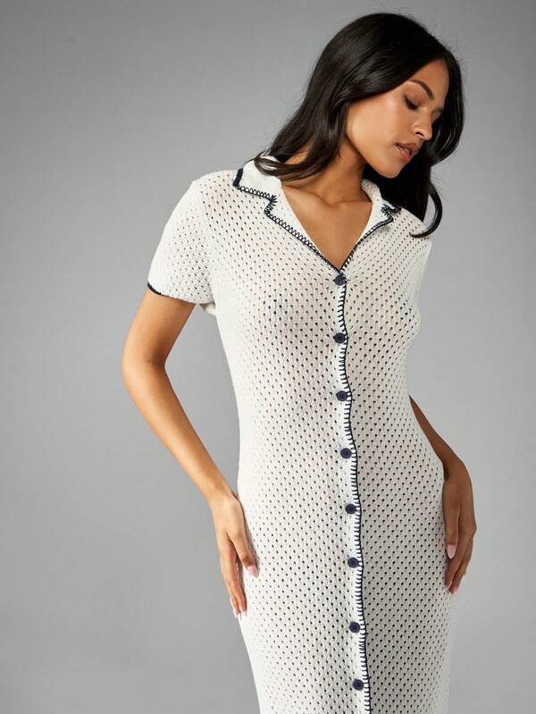 MISSGUIDED Women Button Through Knit Pointelle Long Dress
