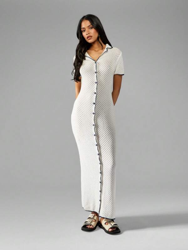 MISSGUIDED Women Button Through Knit Pointelle Long Dress