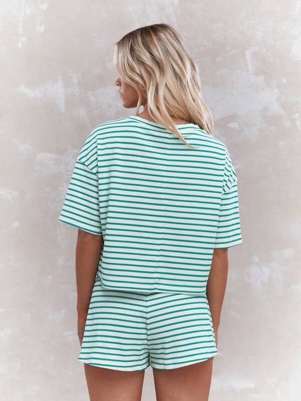 MISSGUIDED Women Casual Stripe Knit Short Sleeve Two Piece Outfit