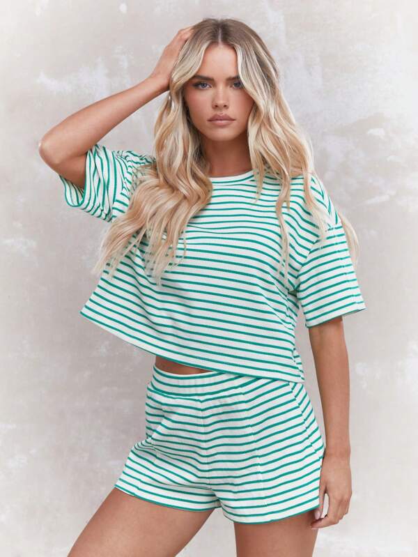 MISSGUIDED Women Casual Stripe Knit Short Sleeve Two Piece Outfit