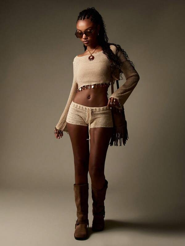 MISSGUIDED Women Crystal Embellished Knit Long Sleeve Crochet Beaded Crop Top