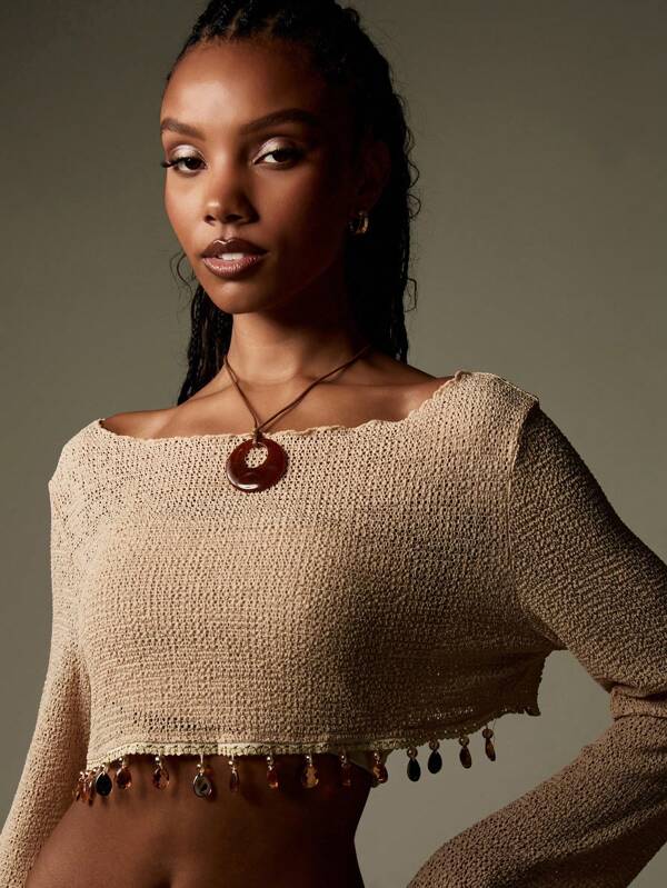 MISSGUIDED Women Crystal Embellished Knit Long Sleeve Crochet Beaded Crop Top