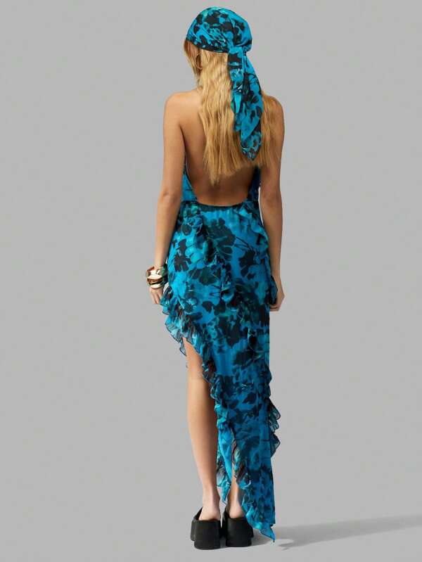 MISSGUIDED Women Halter Neck Ruffle High Split Maxi Dress