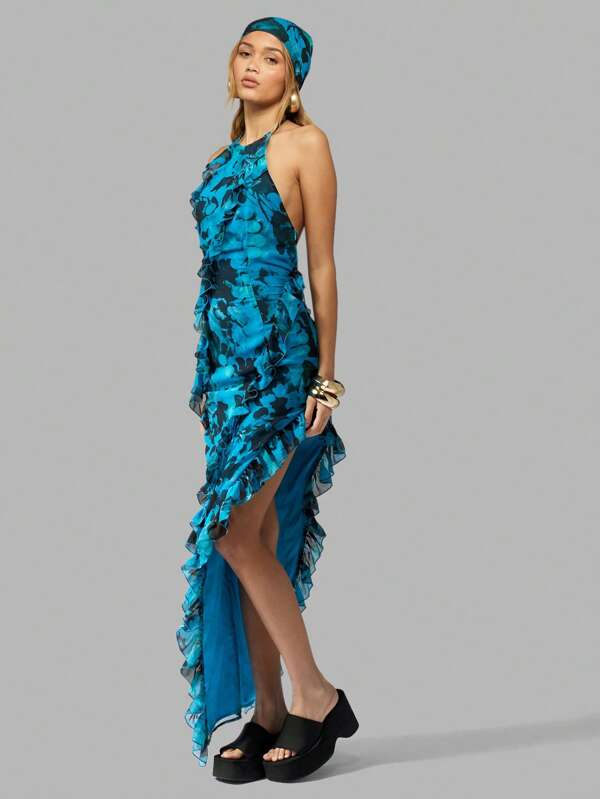MISSGUIDED Women Halter Neck Ruffle High Split Maxi Dress