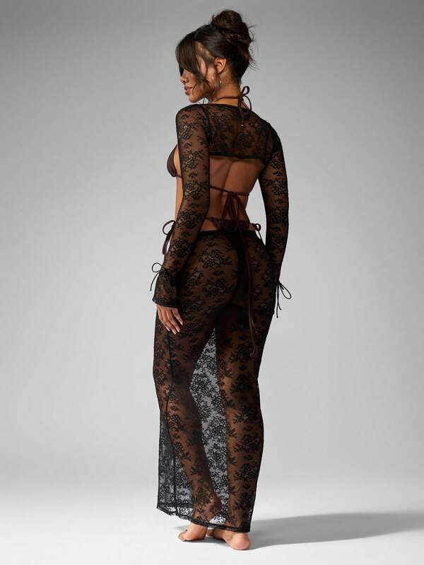 MISSGUIDED Women Lace Long Sleeve Mesh Sheer Cover Up Pants Two-Piece Outfit