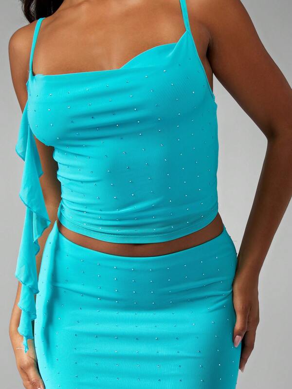 MISSGUIDED Women Rhinestone Studded Mini Crop Cami Ruched Bodycon Two-Piece Outfit