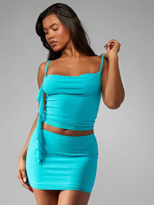 MISSGUIDED Women Rhinestone Studded Mini Crop Cami Ruched Bodycon Two-Piece Outfit