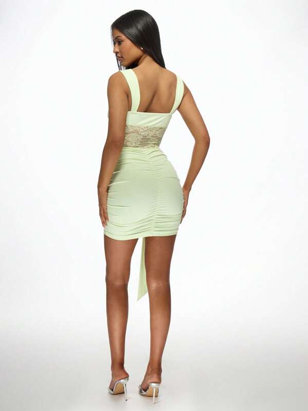 MISSGUIDED Women Ruched Lace Panel Bodycon Mini Dress