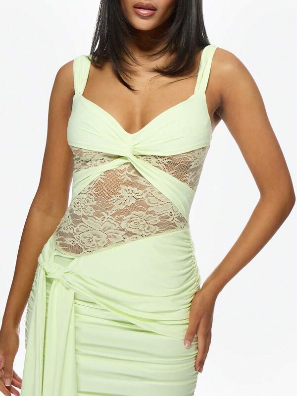 MISSGUIDED Women Ruched Lace Panel Bodycon Mini Dress