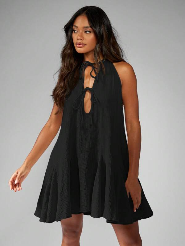 MISSGUIDED Women's Tie Front Sleeveless Cheesecloth Flared Mini Dress