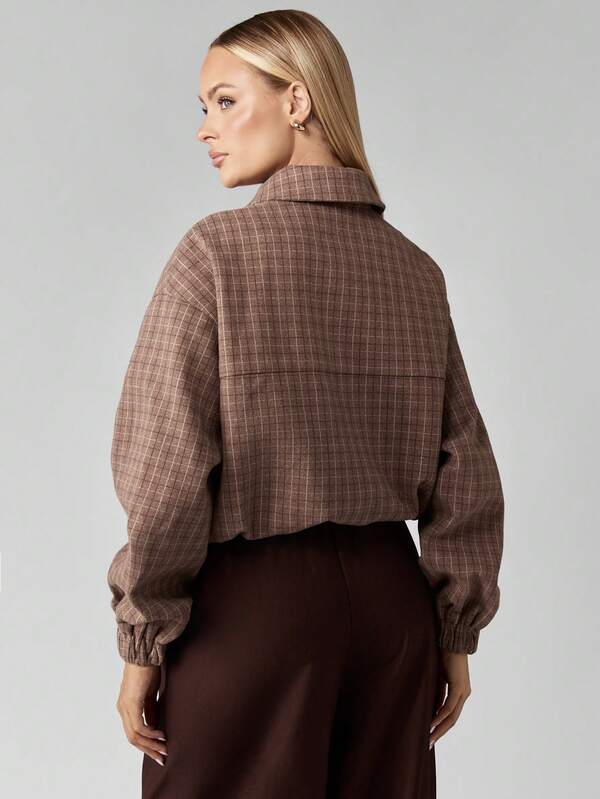 MISSGUIDED Wool Look Bomber Jacket With Grid Pattern And Zip Front