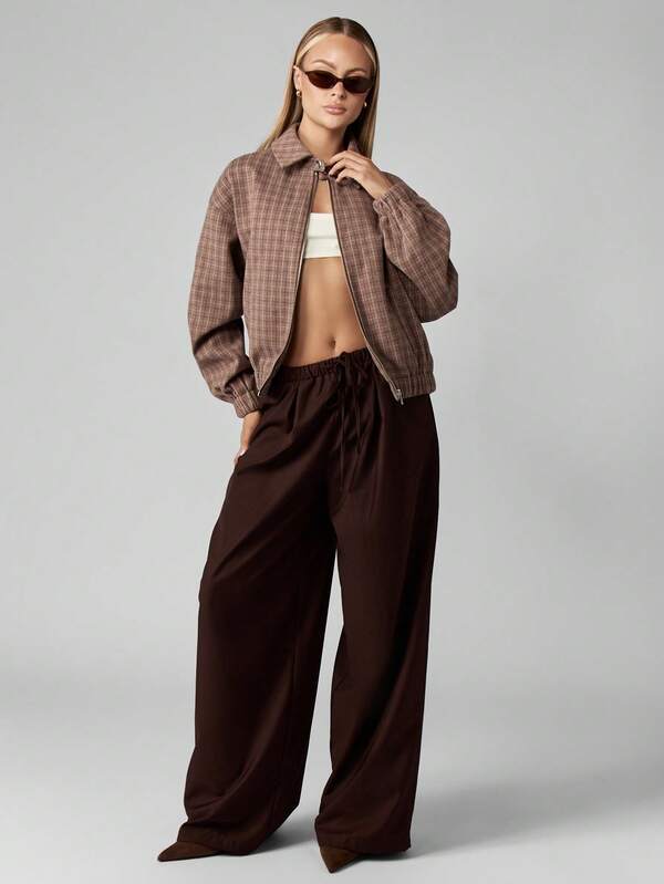MISSGUIDED Wool Look Bomber Jacket With Grid Pattern And Zip Front