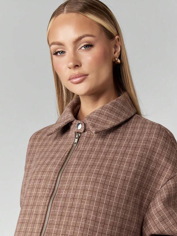 MISSGUIDED Wool Look Bomber Jacket With Grid Pattern And Zip Front