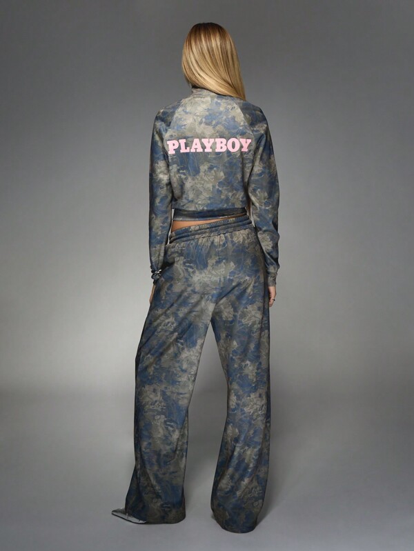 Missguided X Playboy 2pcs/Set Women All Over Print Zip-Up Jacket And Drawstring Pants Set