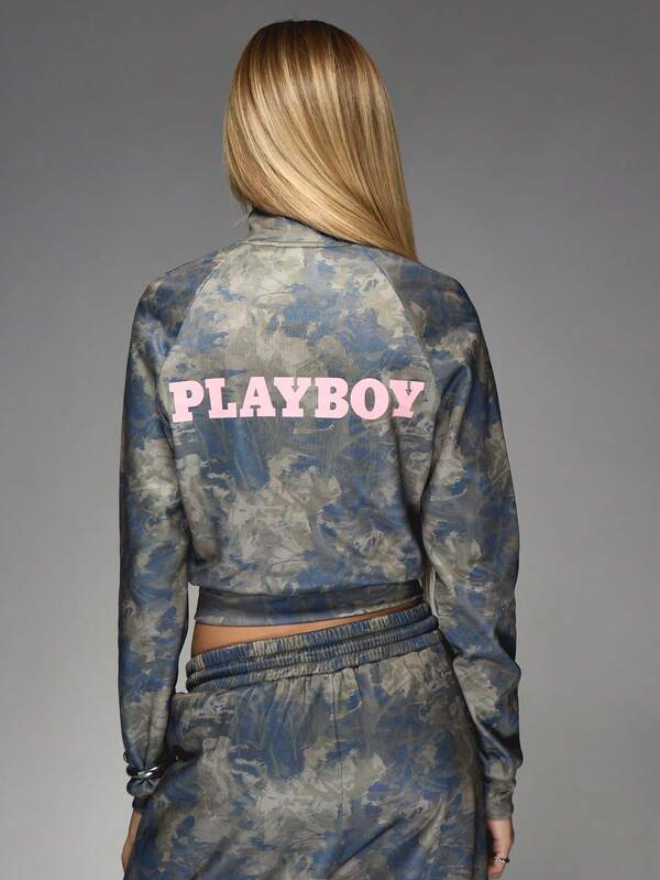 Missguided X Playboy 2pcs/Set Women All Over Print Zip-Up Jacket And Drawstring Pants Set