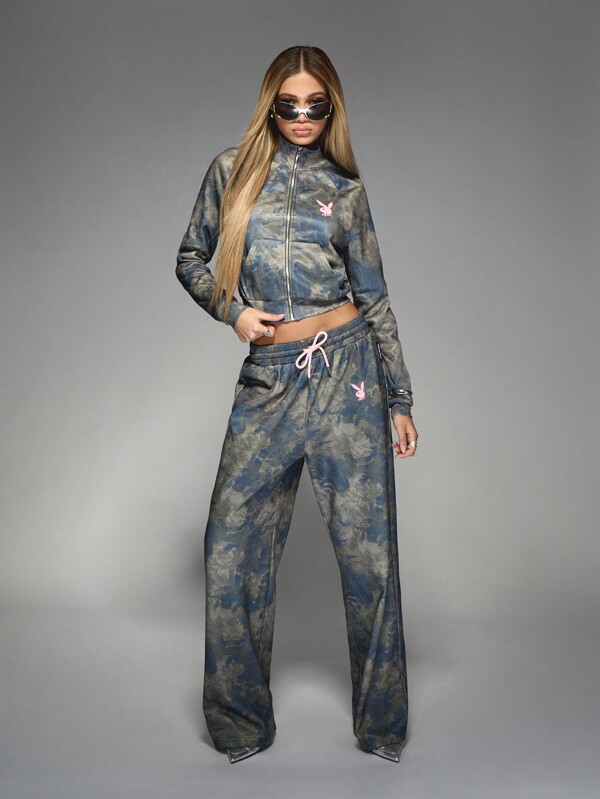 Missguided x Playboy 2pcs/Set Women All Over Print Zip-Up Jacket And Drawstring Pants Set